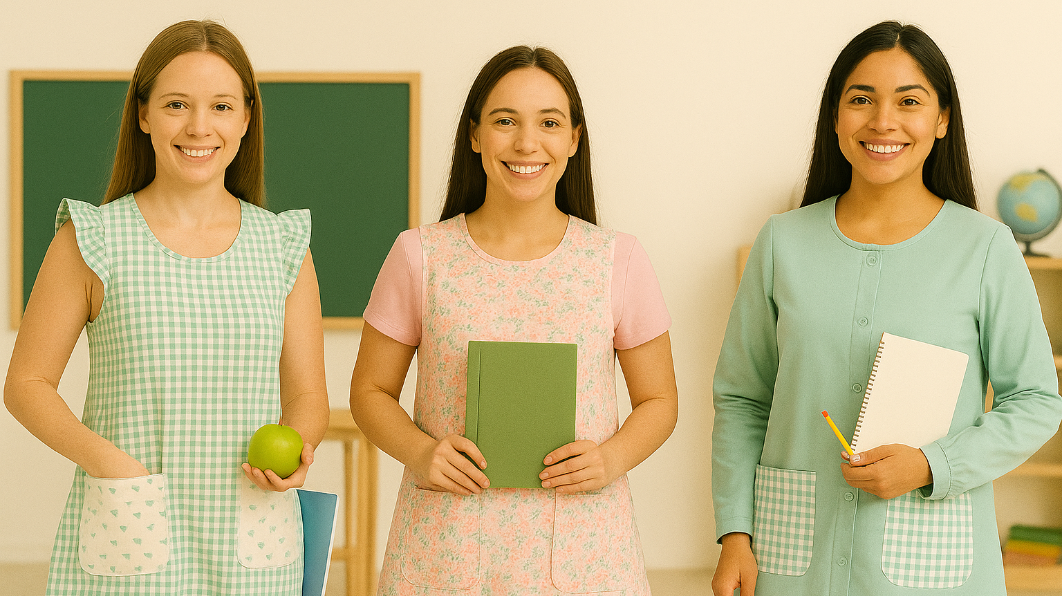 Batas de maestra en tonos pastel con estampados vichy y florales, ideales para docentes que buscan comodidad y estilo.