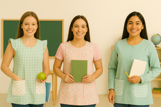 Batas de maestra en tonos pastel con estampados vichy y florales, ideales para docentes que buscan comodidad y estilo.