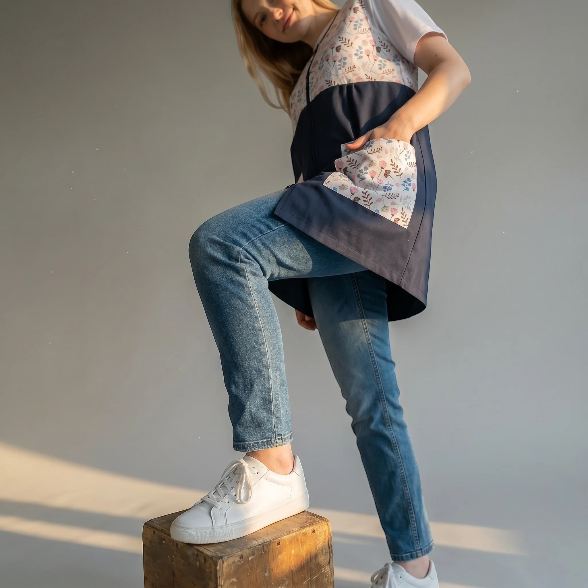 SuYa Shop sleeveless teacher smock with navy blue and floral pattern fabric, featuring large pockets and anti-stain material.