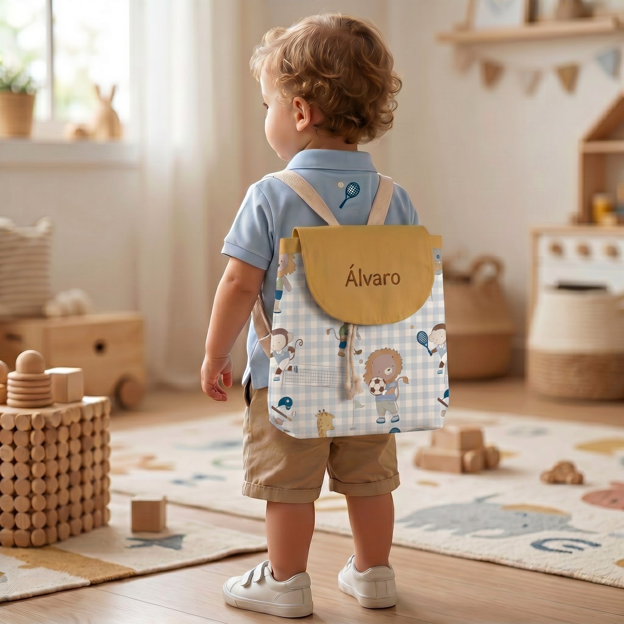 SuYa Shop personalized toddler backpack with animal print and name tag worn by a child in a playroom