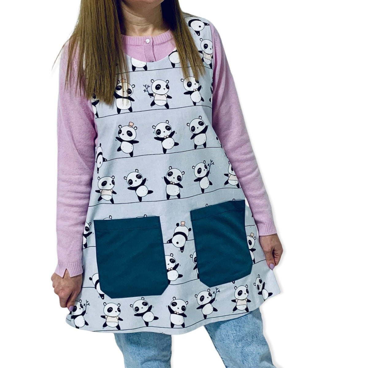 Bata de professora Pandas estampada da SuYa Shop com bolsos cinzento-escuro, cor-de-rosa, fúcsia ou cinzento-claro
