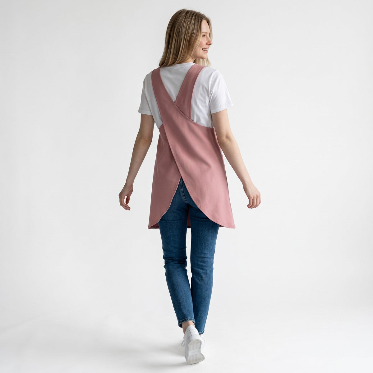 Bata de professora SuYa Shop cor-de-rosa com costas cruzadas, tecido antirrugas e antinódoas.