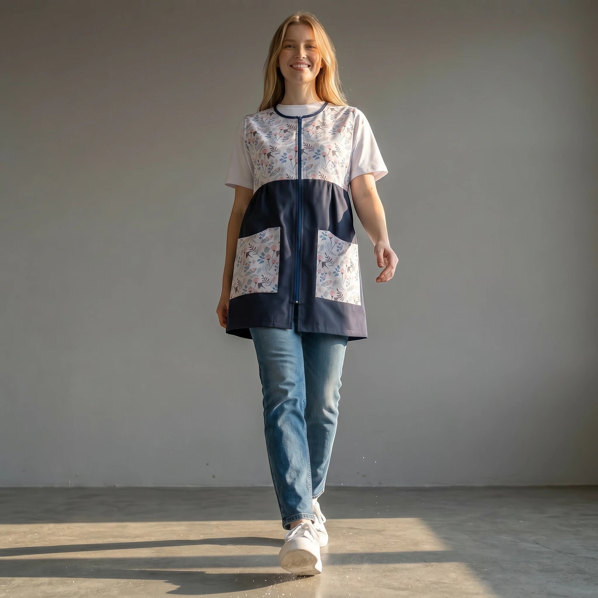 SuYa Shop sleeveless teacher smock with floral print and navy blue panels, featuring large utility pockets.