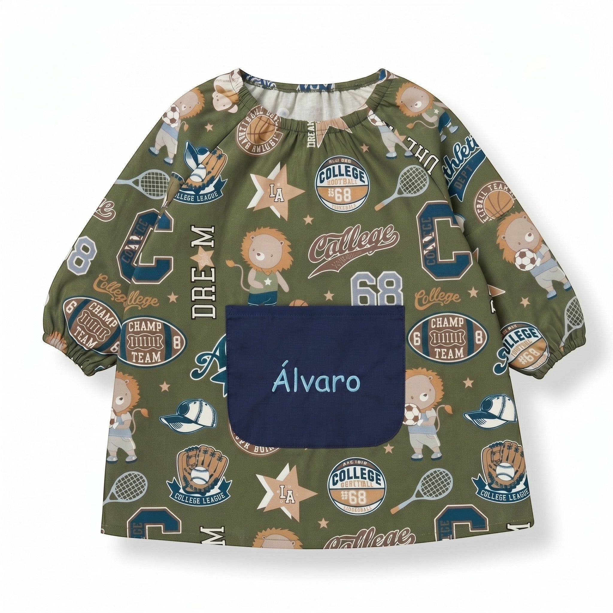 SuYa Shop infant school smock in olive green with sports print, elastic cuffs, and a navy blue personalized pocket.