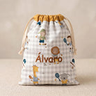 SuYa Shop personalized drawstring snack bag with grey gingham pattern and cute animal sports illustrations