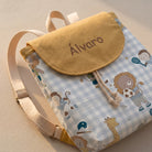 SuYa Shop personalized kids backpack with yellow flap, blue gingham pattern, and cute animal sports illustrations.