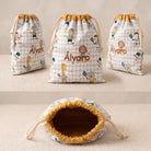 SuYa Shop personalized snack bag with grey gingham print, cute animal sports illustrations, and drawstring closure.