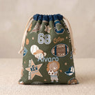 SuYa Shop personalized olive green drawstring snack bag with sports-themed print and the name Alvaro embroidered.