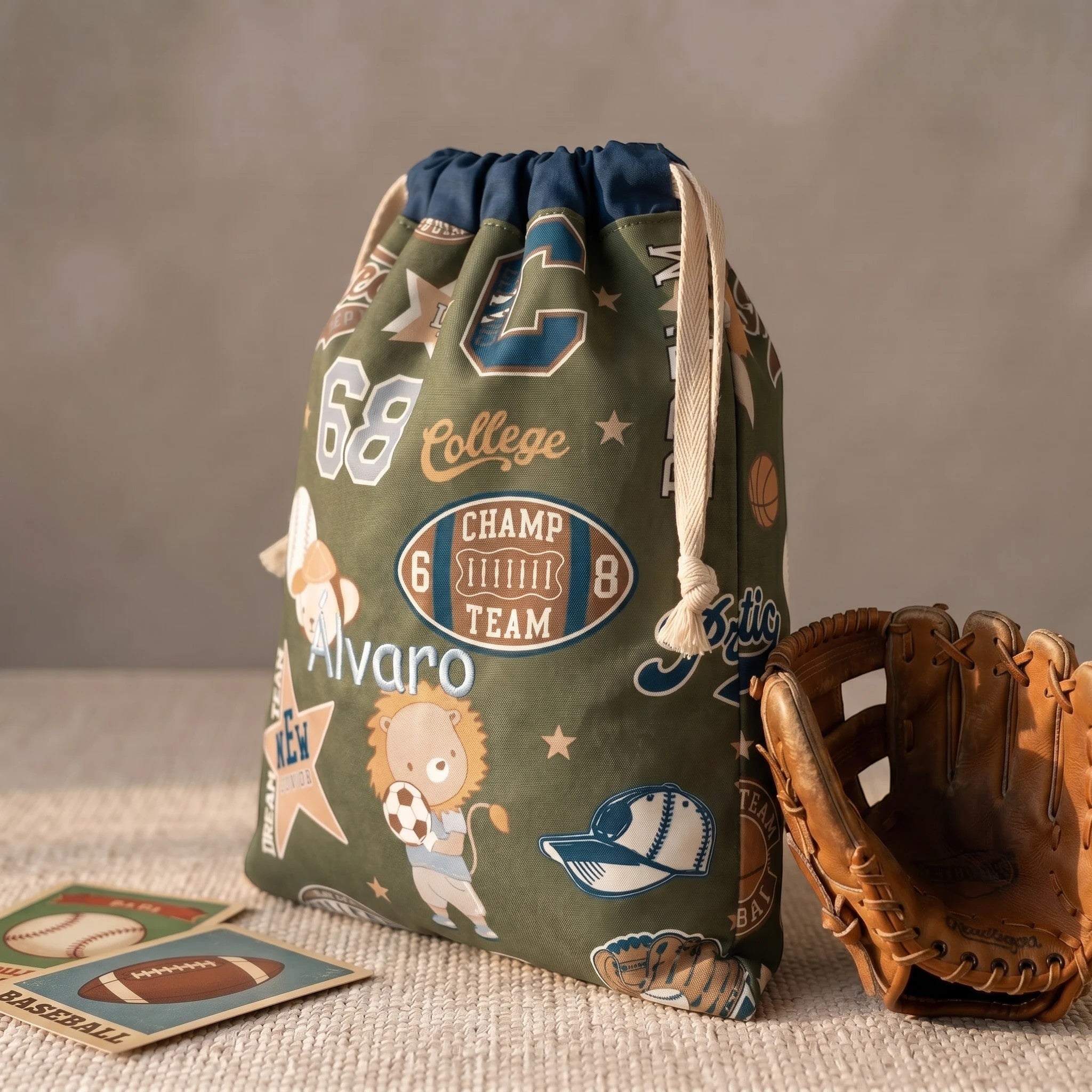 SuYa Shop personalized olive green sports snack bag with drawstring closure and baseball themed lion print