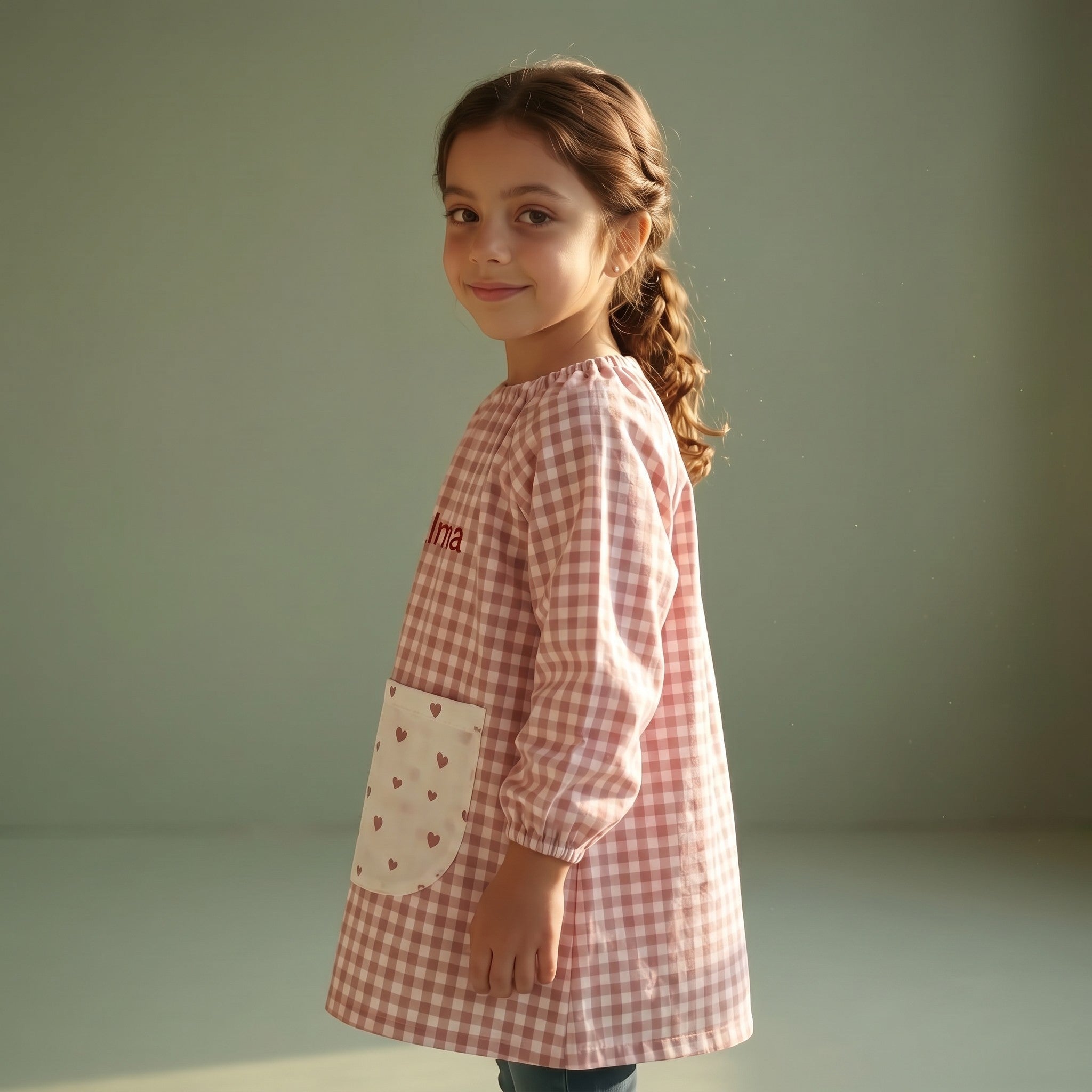 SuYa Shop pink gingham school smock for children with heart pattern pocket and elastic cuffs