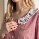 SuYa Shop pink teacher smock with floral collar and personalized embroidered name on the chest