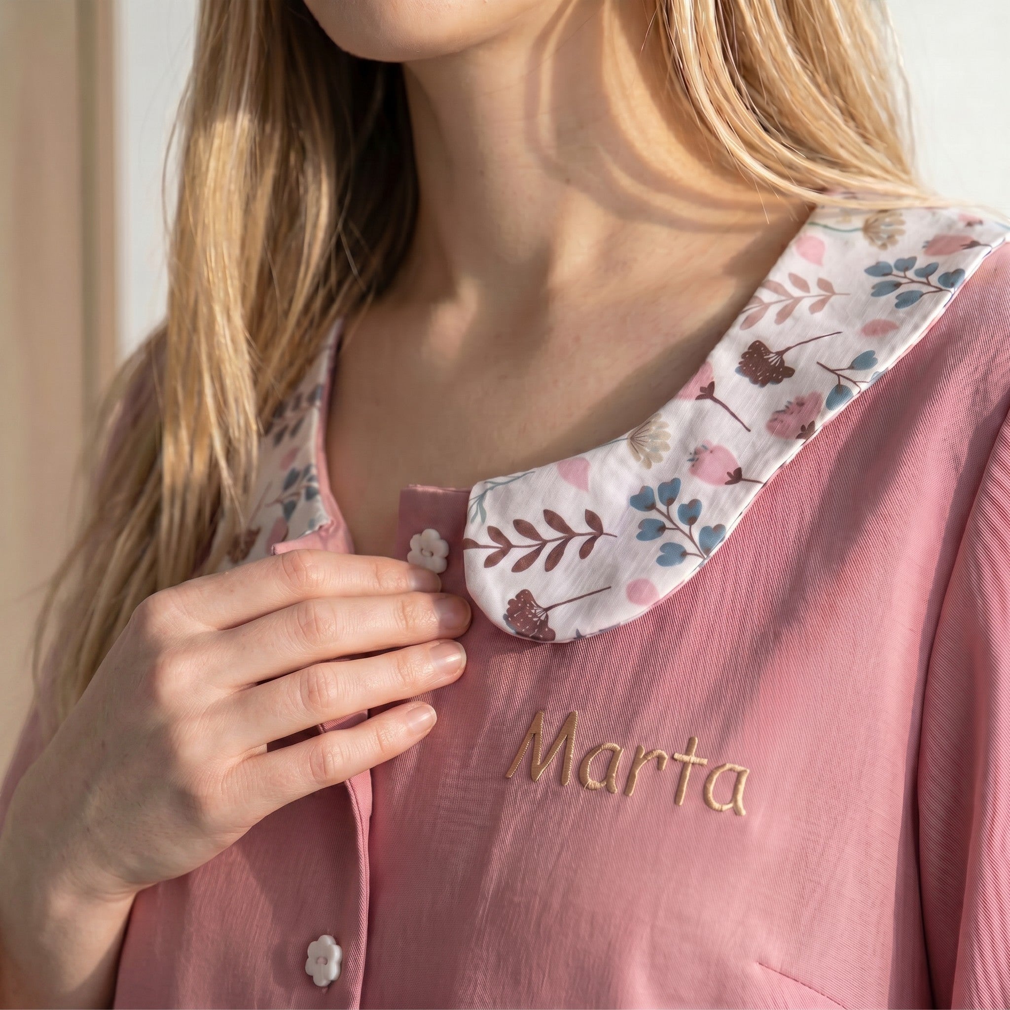SuYa Shop pink teacher smock with floral collar and personalized embroidered name on the chest